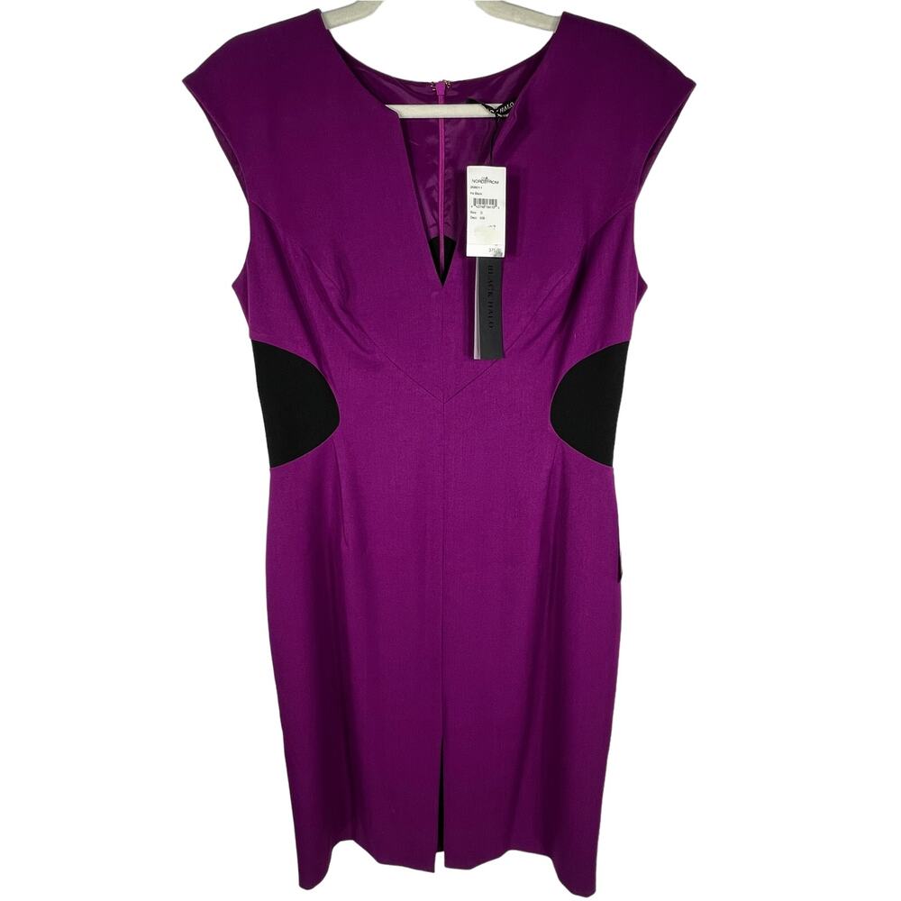 Black Halo Purple and Black Midi Sheath Dress